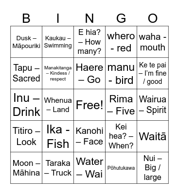 Wharewhare Bingo Card