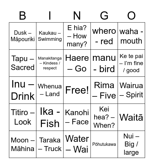 Wharewhare Bingo Card
