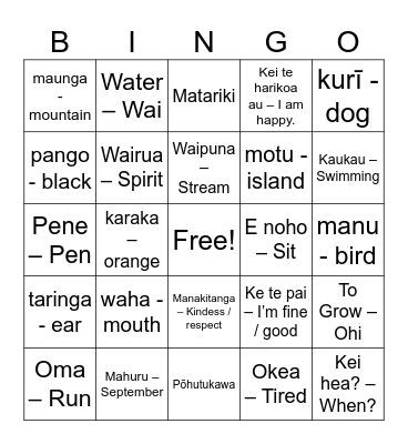 Wharewhare Bingo Card