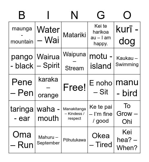 Wharewhare Bingo Card