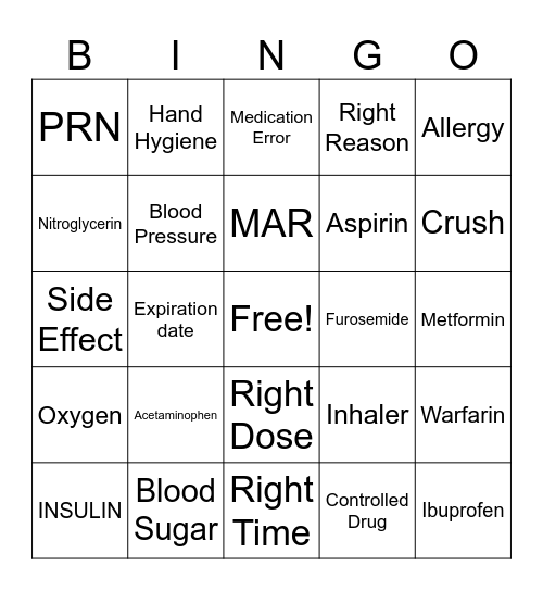 Medication Bingo Card