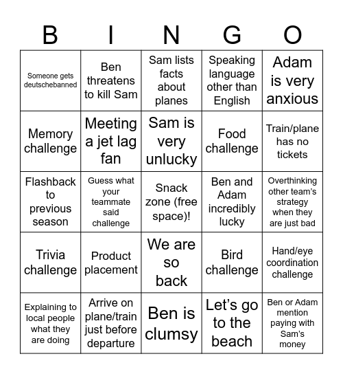 Jet lag Bingo Card