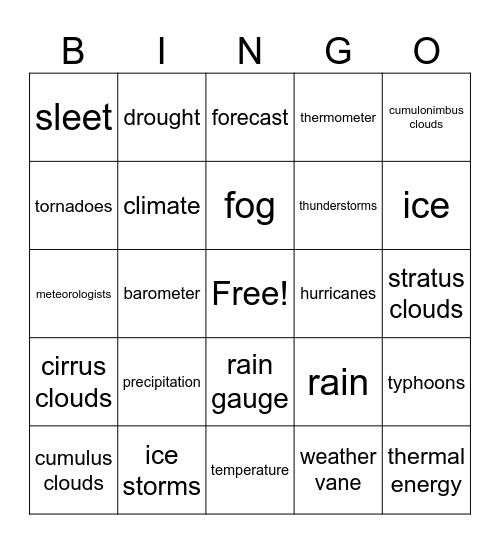 Wacky Weather Bingo Card