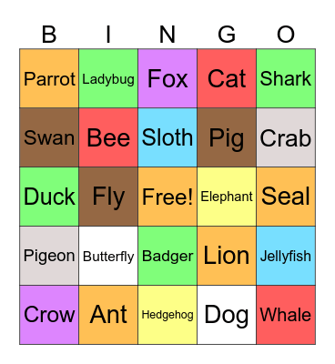 Animal Bingo Card