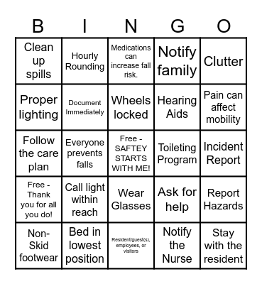 Incidents, Accidents, and Fall Prevention Bingo Card
