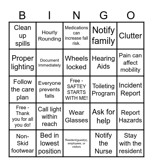 Incidents, Accidents, and Fall Prevention Bingo Card