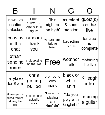 Tiktok Live bingo Card