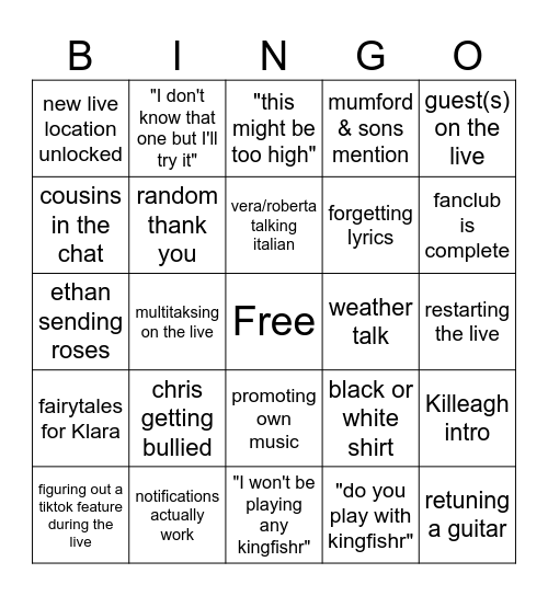 Tiktok Live bingo Card