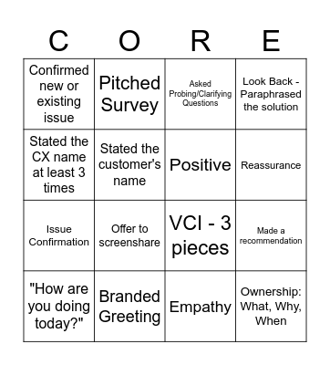 Call Listening Bingo Card