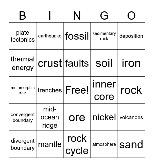 Earth's Rocks Bingo Card