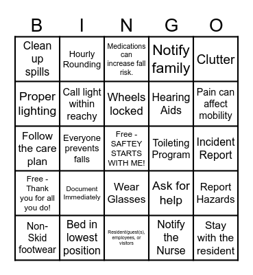 Incidents, Accidents, and Fall Prevention Bingo Card