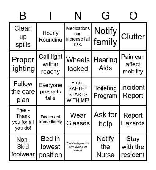 Incidents, Accidents, and Fall Prevention Bingo Card