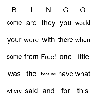 High Frequency Words Bingo Card