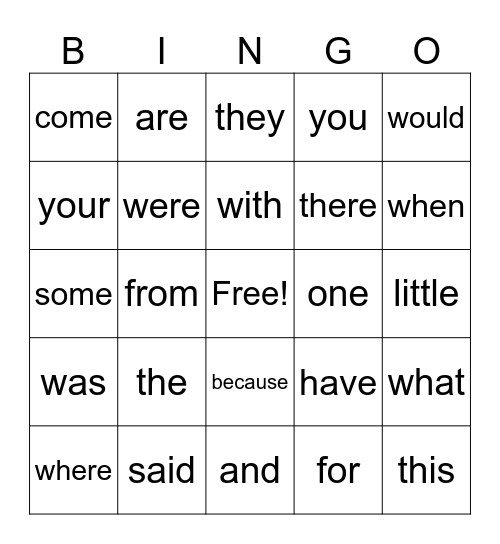 High Frequency Words Bingo Card