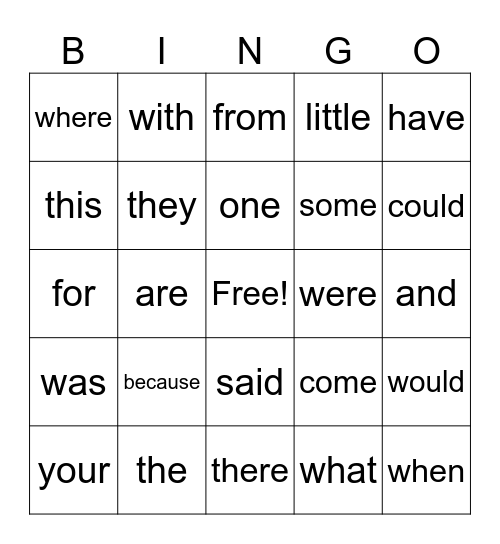 High Frequency Words Bingo Card