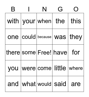 High Frequency Words Bingo Card