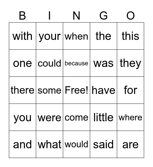 High Frequency Words Bingo Card
