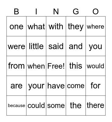 High Frequency Words Bingo Card