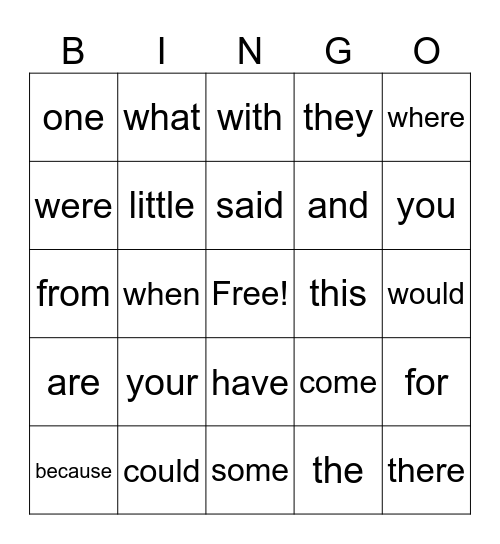 High Frequency Words Bingo Card