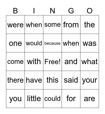 High Frequency Words Bingo Card