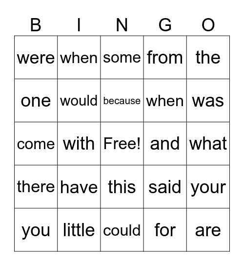 High Frequency Words Bingo Card