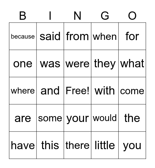 High Frequency Words Bingo Card