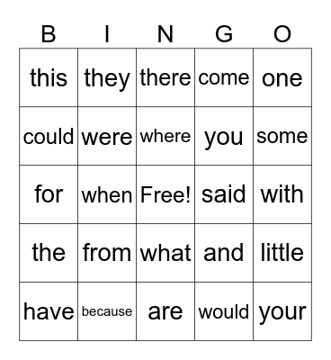 High Frequency Words Bingo Card
