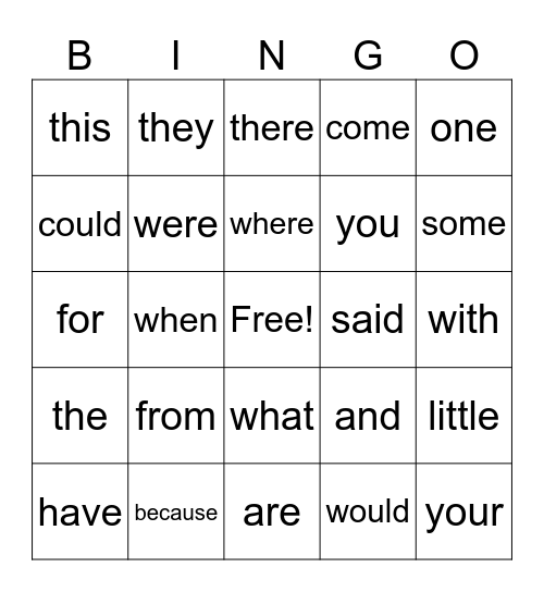 High Frequency Words Bingo Card
