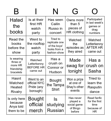 Heated Rivalry Bingo Card