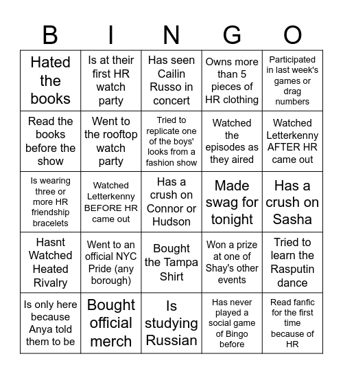 Heated Rivalry Bingo Card