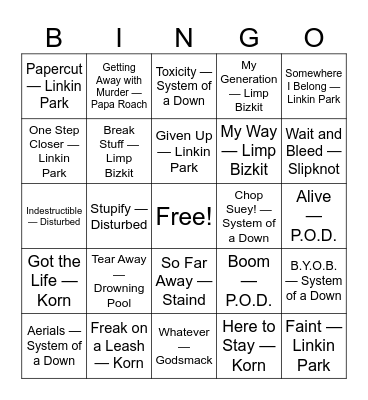 Nu Metal Bingo Card