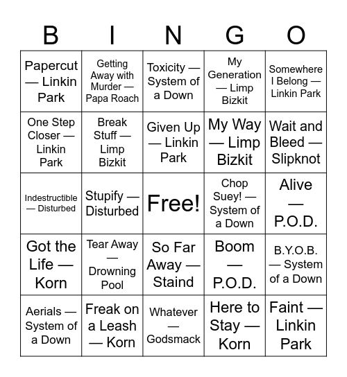 Nu Metal Bingo Card