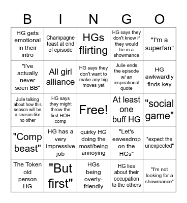 BB 25 Premiere Night Bingo Card