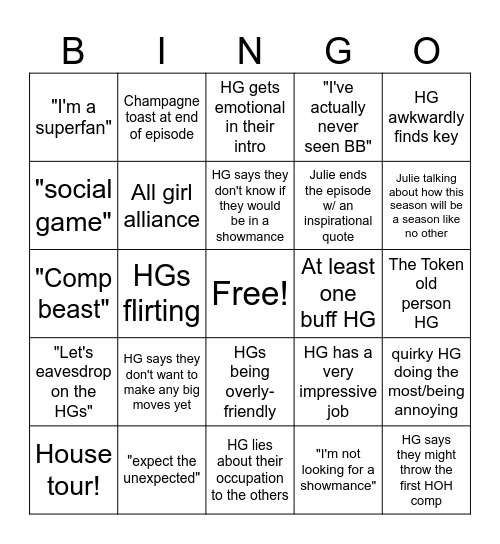 BB 25 Premiere Night Bingo Card