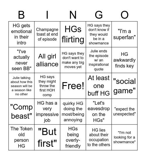 BB 25 Premiere Night Bingo Card
