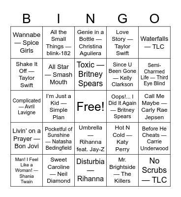 Songs you can't help but sing along too Bingo Card
