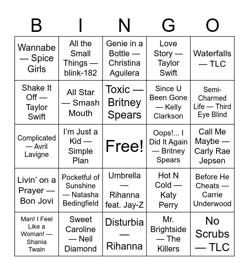 Songs you can't help but sing along too Bingo Card