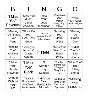 i miss you Bingo Card