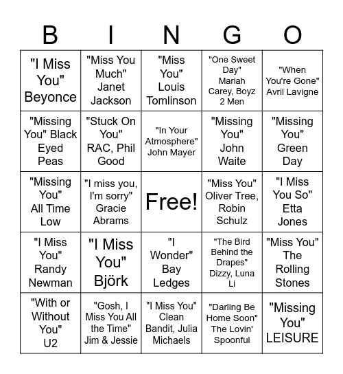 i miss you Bingo Card