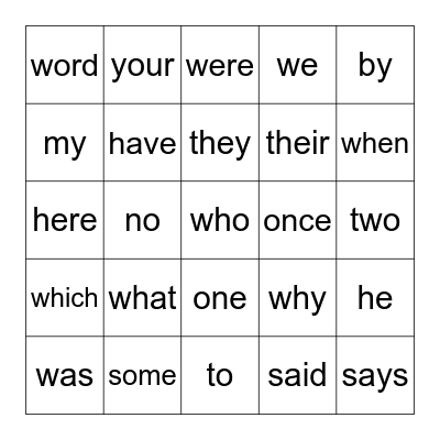 Tricky Words Bingo Card