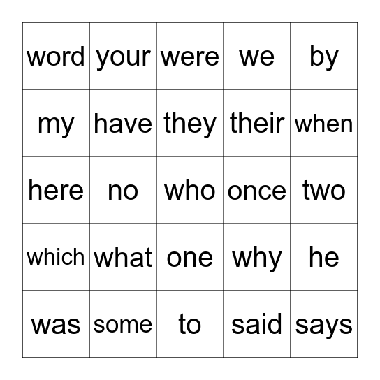 Tricky Words Bingo Card