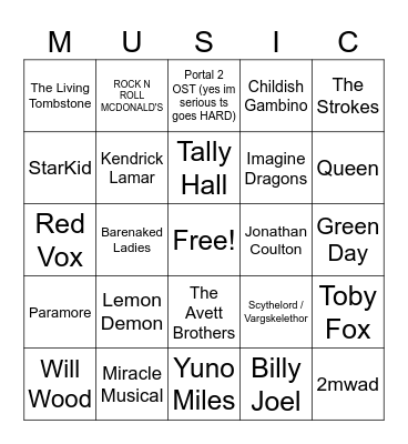 Richie's Music Taste Bingo Card