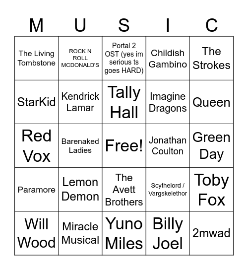 Richie's Music Taste Bingo Card