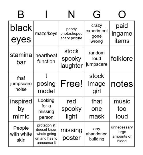 Every Roblox Horror Game Bingo Card