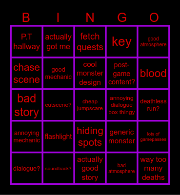 Roblox horror game bingo Card