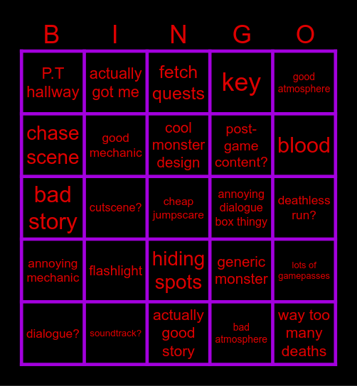 Roblox horror game bingo Card
