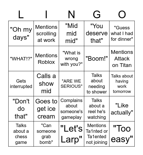 Lingo Bingo Card