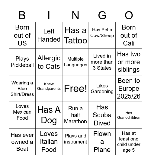 Memory Bingo Card