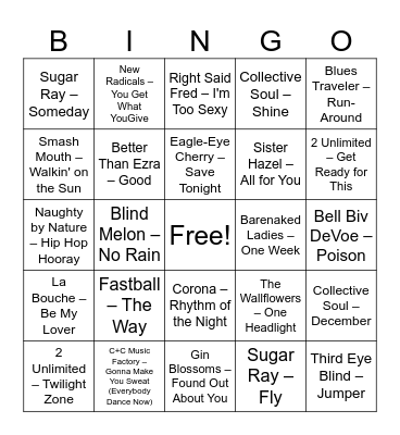 Lost hits of the 90s Bingo Card