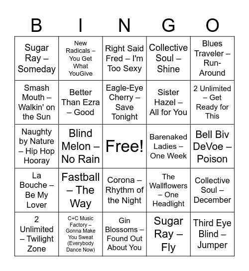 Lost hits of the 90s Bingo Card